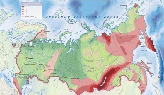 Красным помечены самые сейсмоактивные районы России